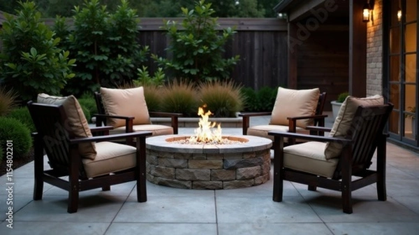 Fototapeta Serene Evening Gathering Around a Stone Fire Pit in a Private Backyard Patio