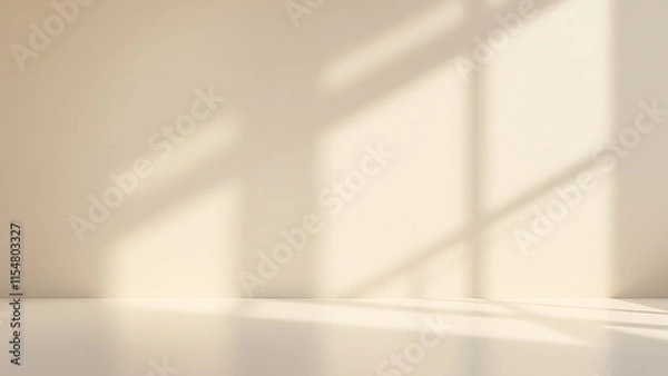 Obraz Backdrop light beige podium display for product. Interior room with sunlight and shadows on beige concrete wall surface