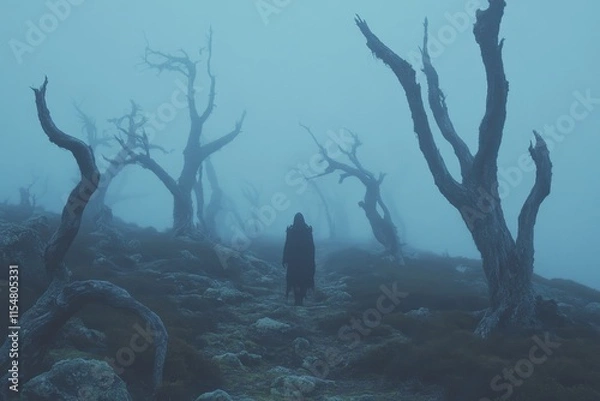 Fototapeta A gothic-style hiker walking through a foggy, shadowy forest, with twisted, bare trees and faint moonlight casting eerie shadows on the ground