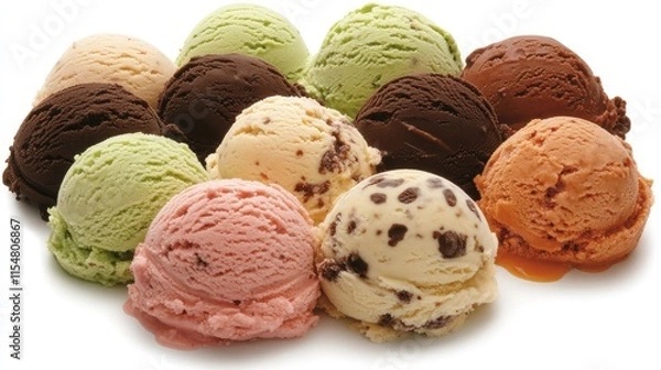 Fototapeta Delicious Assorted Ice Cream Scoops in Various Flavors on White Background