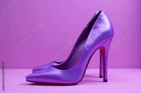 Obraz Women's shiny stylish high-heeled shoes in dark lilac color, the new PANTONE 18-1750 Viva Magenta color fashionable in 2025. Brilliant lilac background.