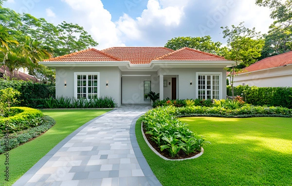 Fototapeta Modern residential architecture showcases a luxurious home with a lush green lawn, mature trees, and a breathtaking view in a serene suburban neighborhood