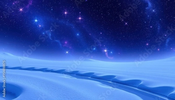Fototapeta a snow covered field with a star filled sky and a path