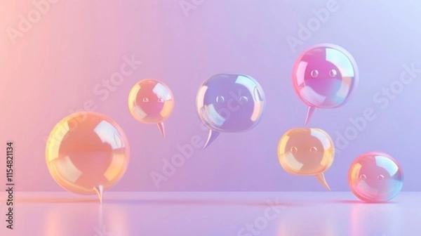 Fototapeta Translucent and reflective speech bubbles floating gracefully in a pastel gradient background, symbolizing minimalistic and elegant communication.