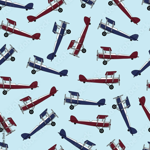 Fototapeta Background red and blue Old authentic vintage stylized cartoon retro airplane.