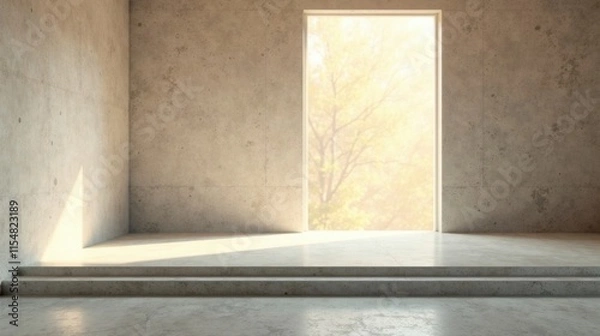 Obraz Sunlit Minimalist Concrete Room with Steps and Window View