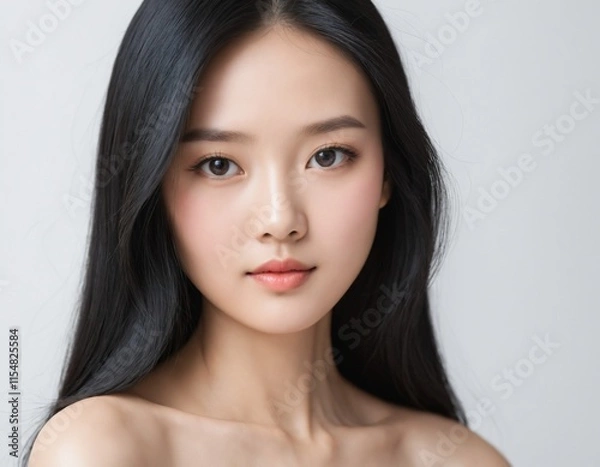 Fototapeta A Beautiful Asian Woman, Her face close up with smooth skin showing towards the camera on a White background. AI generated