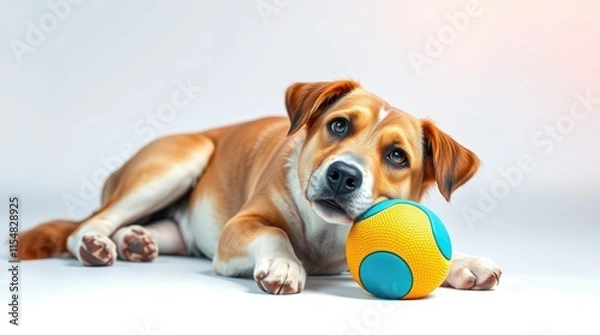 Fototapeta A playful dog lies comfortably with a colorful ball, showing signs of relaxation while getting ready for fun activities. The cozy indoor setting enhances the moment