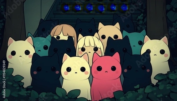 Fototapeta A whimsical illustration featuring a group of adorable, cartoon-style cats in various colors, standing together in a lush, green environment, evoking a sense of cuteness and community.