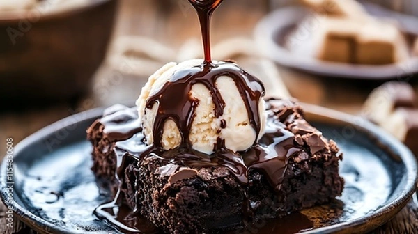 Obraz brownies with ice cream on top and poured with chocolate syrup