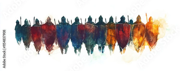 Fototapeta line of medieval soldiers in colorful armor and shields forms defensive formation, evoking strength and unity in watercolor art style