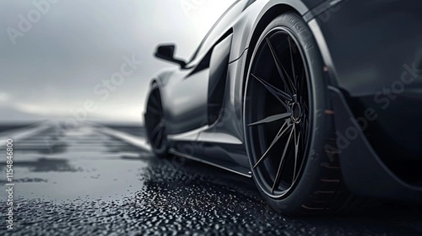 Obraz Textured close-up of a matte black sportscar splitter against asphalt