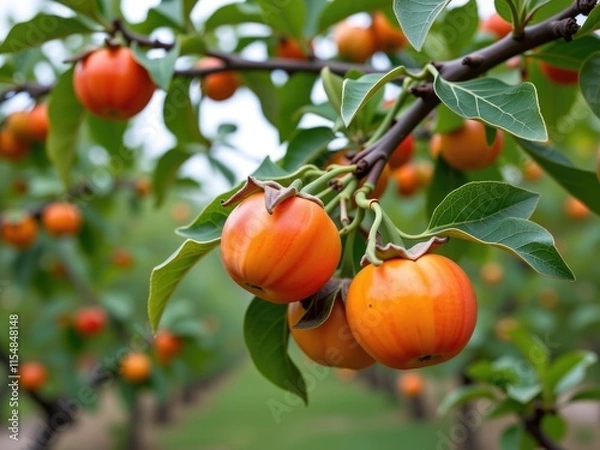 Fototapeta Ripe Orange Persimmon Fruit on Tree Branches Autumn Harvest