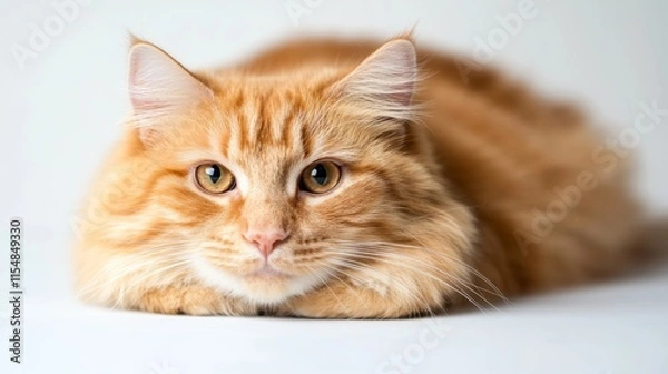 Fototapeta A curious cat lies comfortably, gazing directly at the camera with sharp details in its fur and whiskers, set against a soft, neutral background