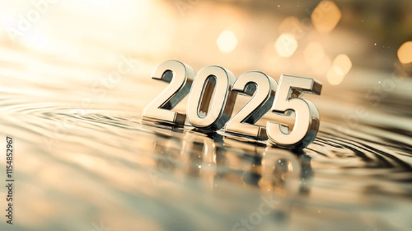 Fototapeta A serene water surface with "2025" emerging, sparkling reflections and suspended droplets in a soft and futuristic setting