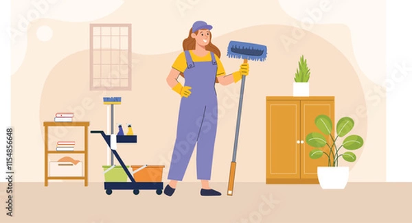 Obraz A professional artwork showing housekeeping staff cleaning with tools like mops and vacuum cleaners.