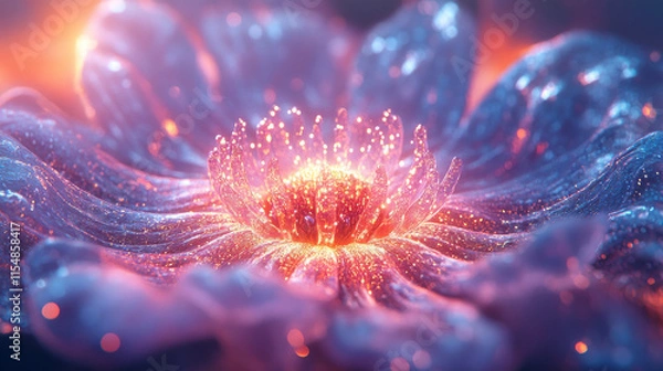 Fototapeta Glowing Glitter Flower: 3D Render, Macro Photography, Quantum Field Excitation