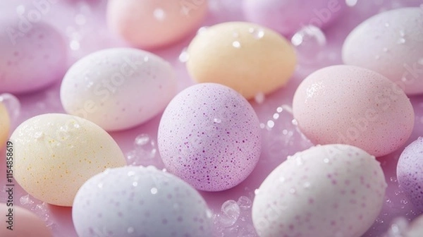 Fototapeta Soft and light pastel Easter eggs scattered across a muted purple background 