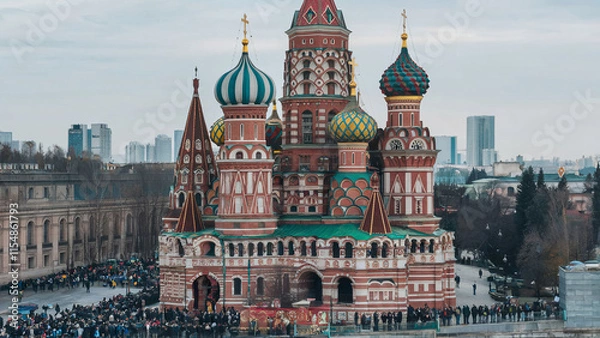 Obraz St. Basil's Cathedral in Moscow, Russia, Iconic Landmark with Colorful Onion Domes, Surrounded by Tourists, Capturing Russian Culture and Architecture
