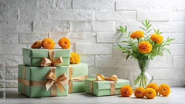 Obraz Pastel green gift boxes adorned with golden ribbons and vibrant marigold blossoms against a whitewashed brick wall.