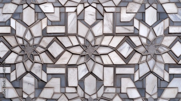 Fototapeta Intricate marble mosaic tile pattern with geometric shapes and floral designs.