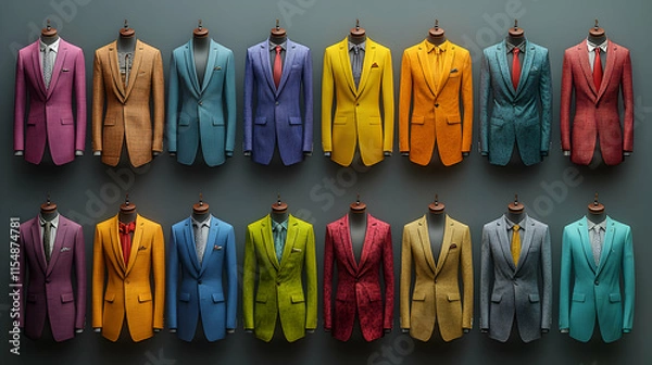 Fototapeta Stylish Men's Suits, A Colorful Collection of Modern Tailored Jackets, Displayed Elegantly on Mannequins.  Perfect for Fashion Shows, Magazines, and Advertisement.