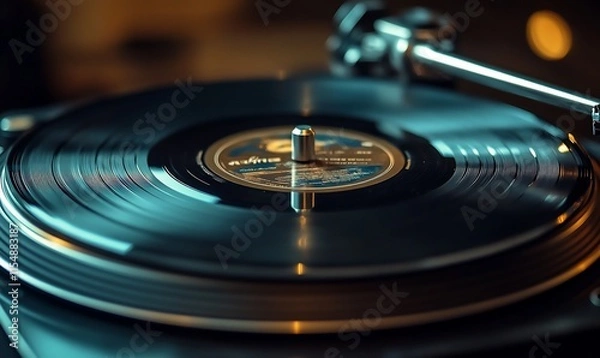 Fototapeta A close-up of a spinning vinyl record on a turntable, capturing a nostalgic vibe.