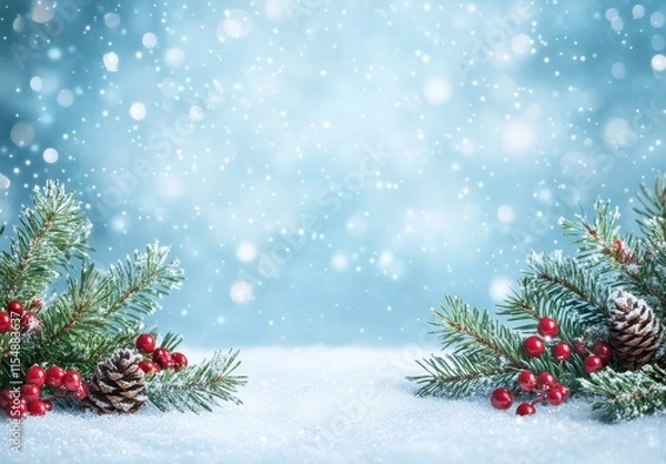 Fototapeta Beautiful Winter Background with Pine Branches, Red Berries, Cones, and Soft Blurred Snowflakes in a Frosty Environment Creating a Festive Holiday Atmosphere
