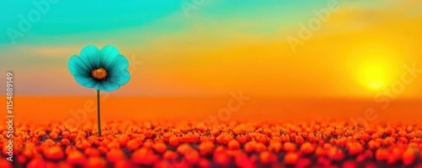 Fototapeta A vibrant sunset landscape features a single blue flower amid a field of orange blooms, creating a striking contrast against the colorful sky.