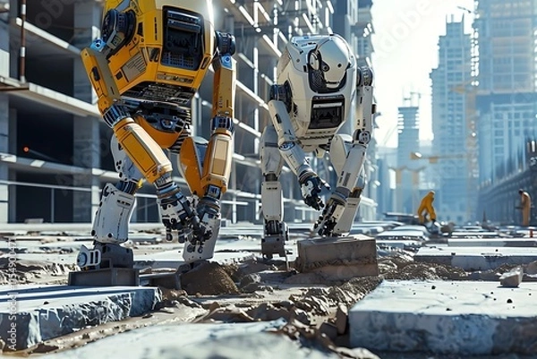 Fototapeta Two robots working on a construction site in a city.