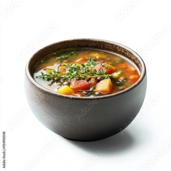 Obraz Lentil soup in a rustic bowl. Featuring vegetables and herbs