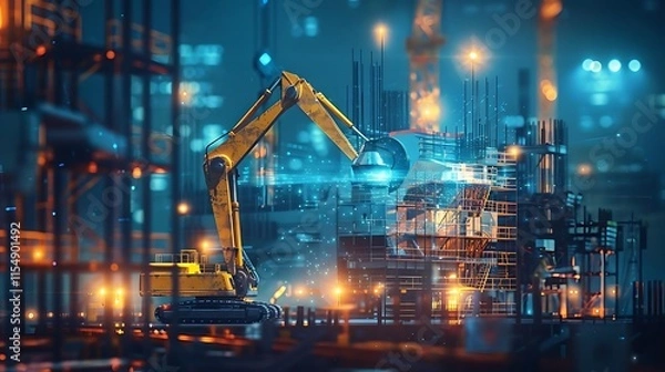 Fototapeta Futuristic construction site at night with robotic excavator and digital overlay.