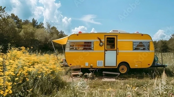 Obraz Yellow vintage camper van parked in a sunny field of yellow wildflowers, under a partly cloudy sky.