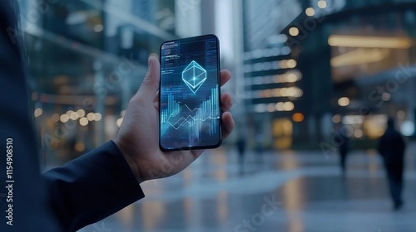 Obraz Businessman holding a smartphone showing a holographic display of growth statistics charts and Ethereum cryptocurrency Concept of business growth stock market strategy and planning