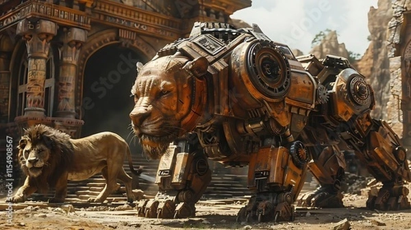 Fototapeta Robotic lion stands before ancient temple with real lion.