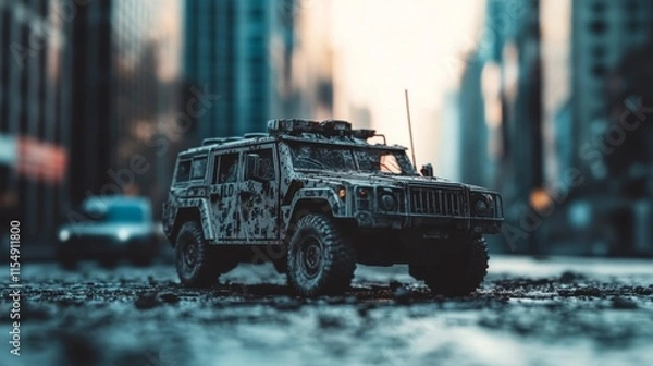 Fototapeta Detailed View of a Military Vehicle in an Urban Setting Highlighting Unique Textures and Lighting Effects for Stock Photography Use