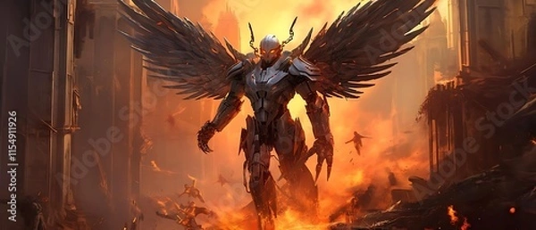 Obraz Robotic angel amidst fiery ruins, large wings, apocalyptic scene.