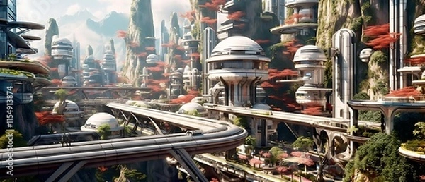 Fototapeta Futuristic city nestled amongst mountains and lush vegetation, showcasing advanced architecture and transportation systems.