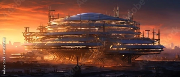 Fototapeta Futuristic city sunset; a large, domed space station-like structure with intricate architecture sits on a desolate planet.