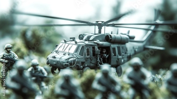 Fototapeta Military Helicopter Deployment with Soldiers in Action, Capturing the Intensity of Tactical Operations in a Detailed Miniature Scene