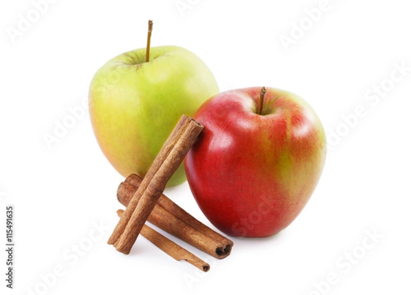 Obraz two apples and cinnamon isolated on white background