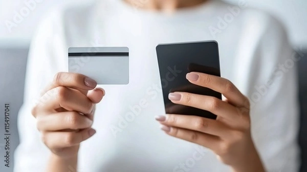 Fototapeta Smiling young woman using a smartphone and credit card for online shopping at home Engaged in mobile banking and internet purchases with ease