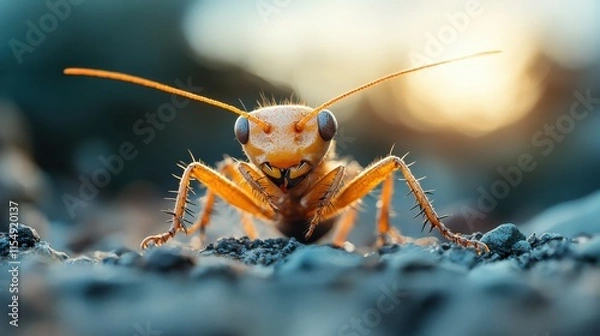 Obraz Striking macro photograph of a desert cricket, highlighting its textured body, sharp antennae, and the warm golden hues of sunset in the background
