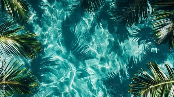 Fototapeta top down tropical view, emerald palm leaves, azure water surface, dramatic palm shadows, crystal clear lagoon, artistic beach composition, vivid island colors, aerial beach photography