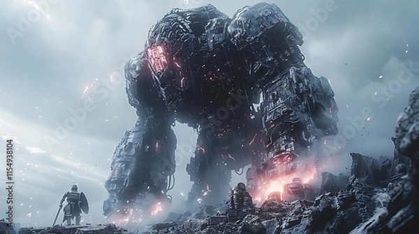 Obraz A colossal robotic giant looms over a lone warrior amidst a desolate, rocky landscape under a stormy sky.