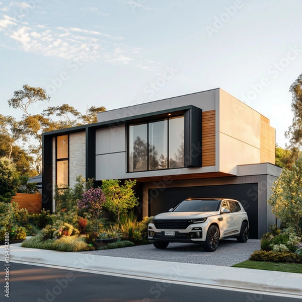 Fototapeta A family SUV parked in front of a modern suburban house with a landscaped garden