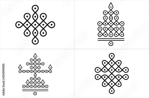 Fototapeta Set of Rangoli or Kolam design concept of line drawing isolated on white background - vector illustration