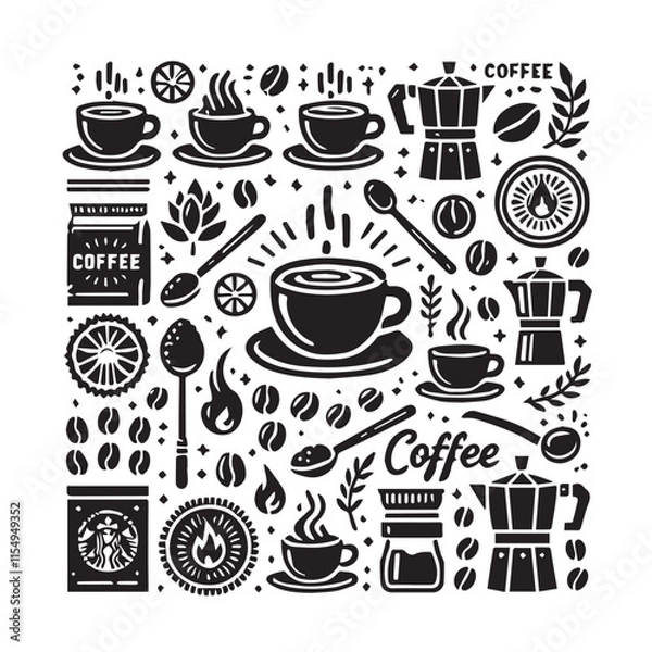 Obraz Coffee cups and beans icons silhouette vector illustration on white background