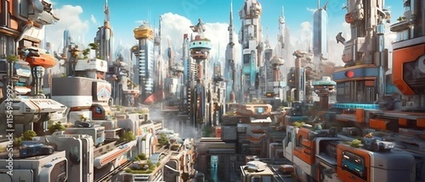 Fototapeta Futuristic cityscape with towering skyscrapers, advanced technology, and vibrant architecture.