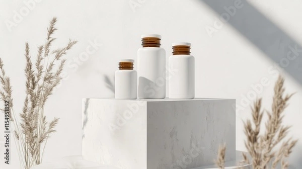 Fototapeta Minimalist Composition of White Containers with Wooden Lids on Display